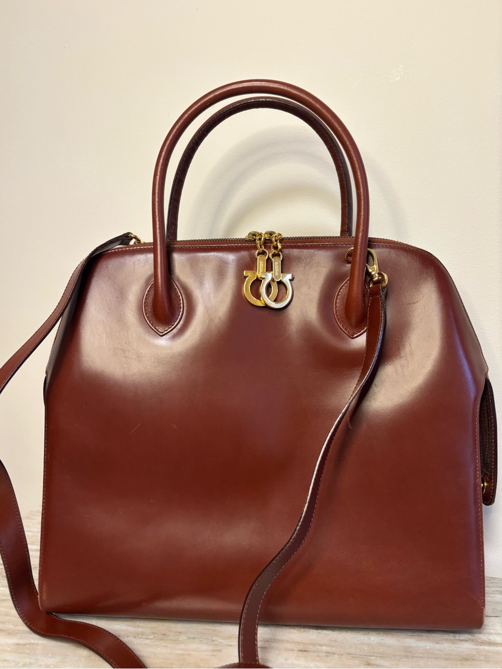 Vintage Salvatore Ferragamo Brown Leather Gancini Dome Satchel Crossbody Bag - Picture 4 of 15
